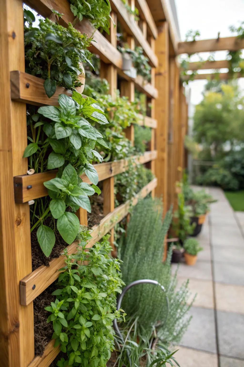 A living wall of herbs, turning a plain wall into a tea lover's dream.
