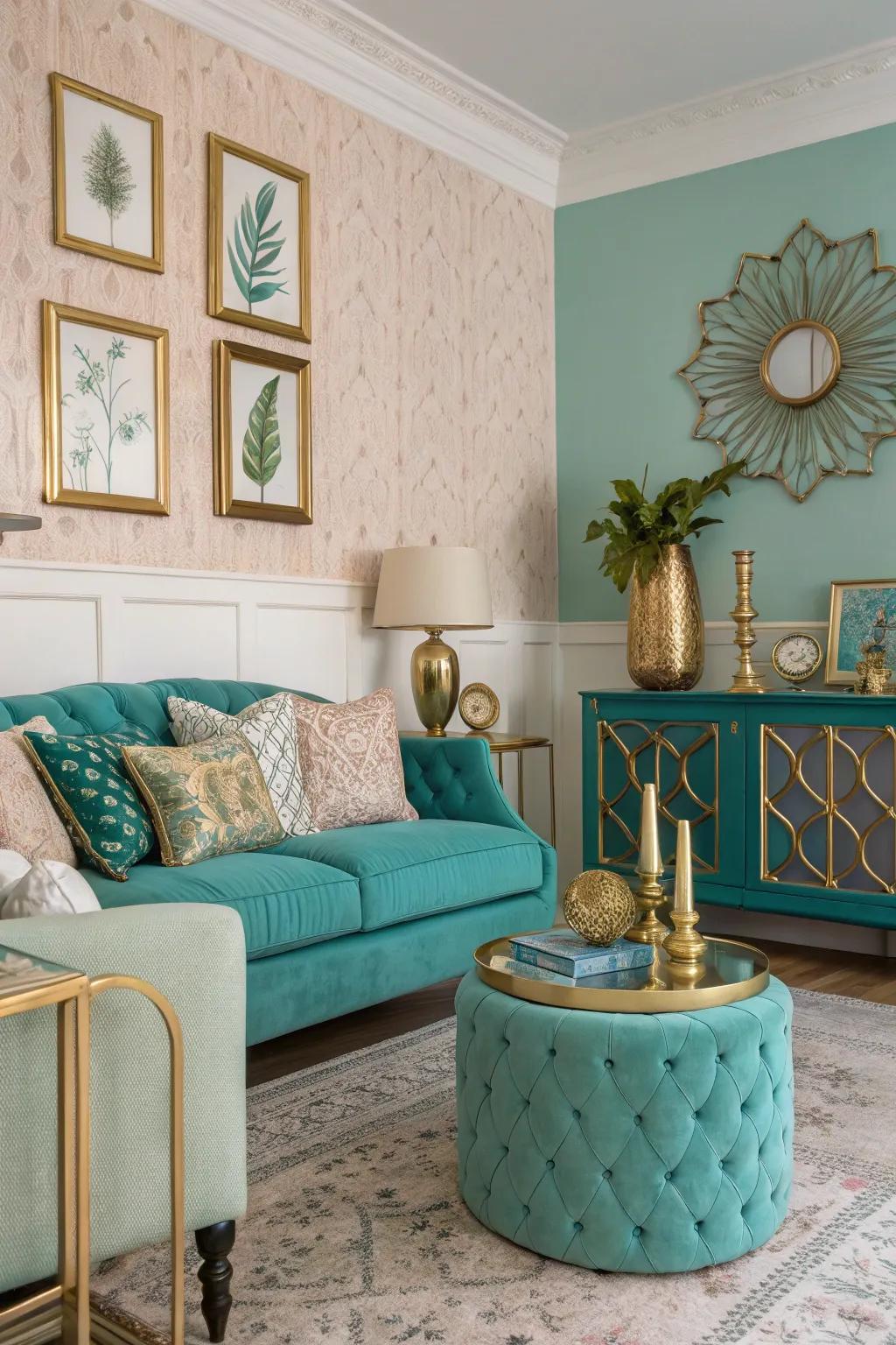 Metallic accents add a glamorous touch to teal and turquoise decor.