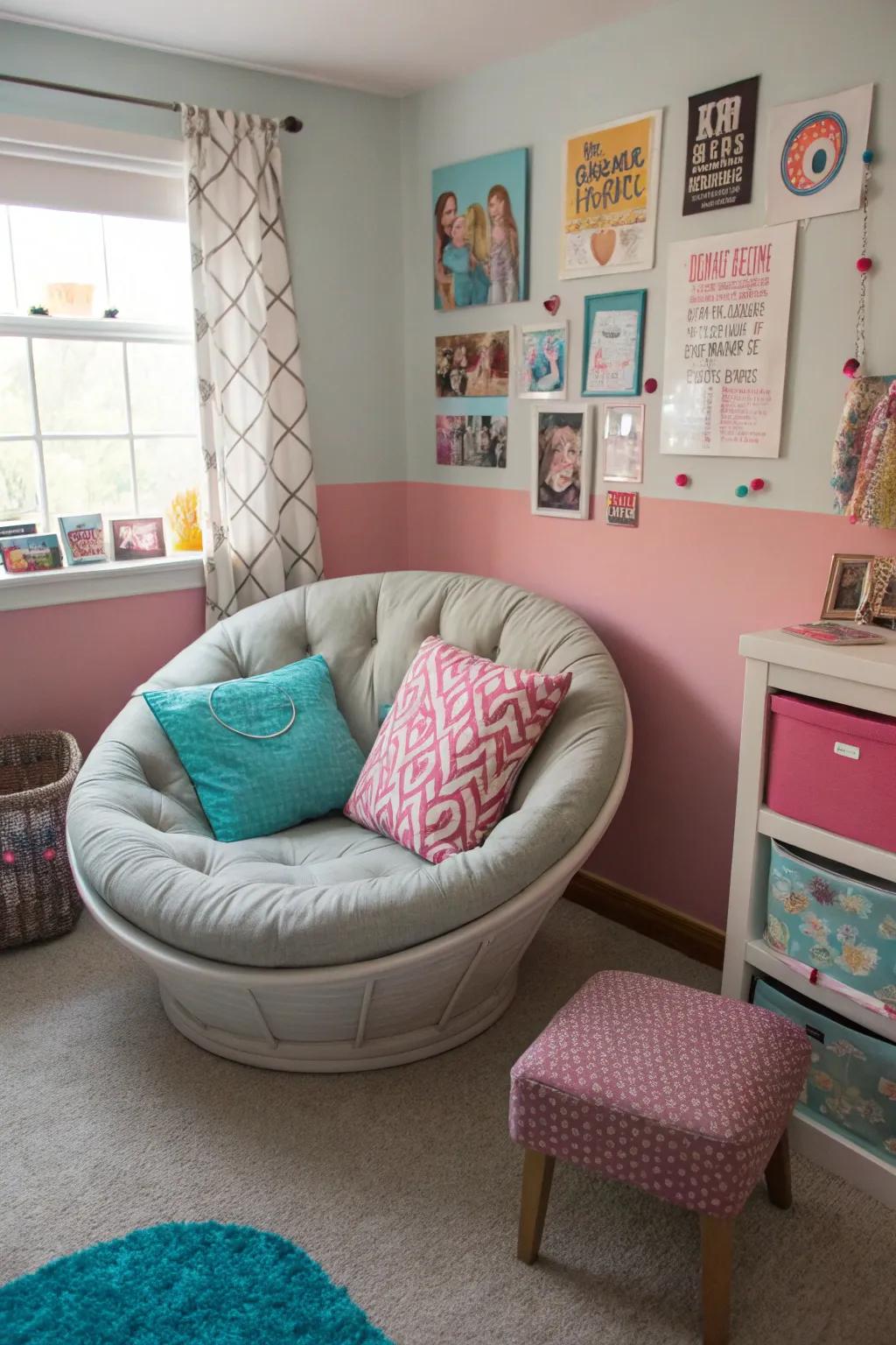 A chic seating area ideal for socializing or relaxing in a teen girl's bedroom.