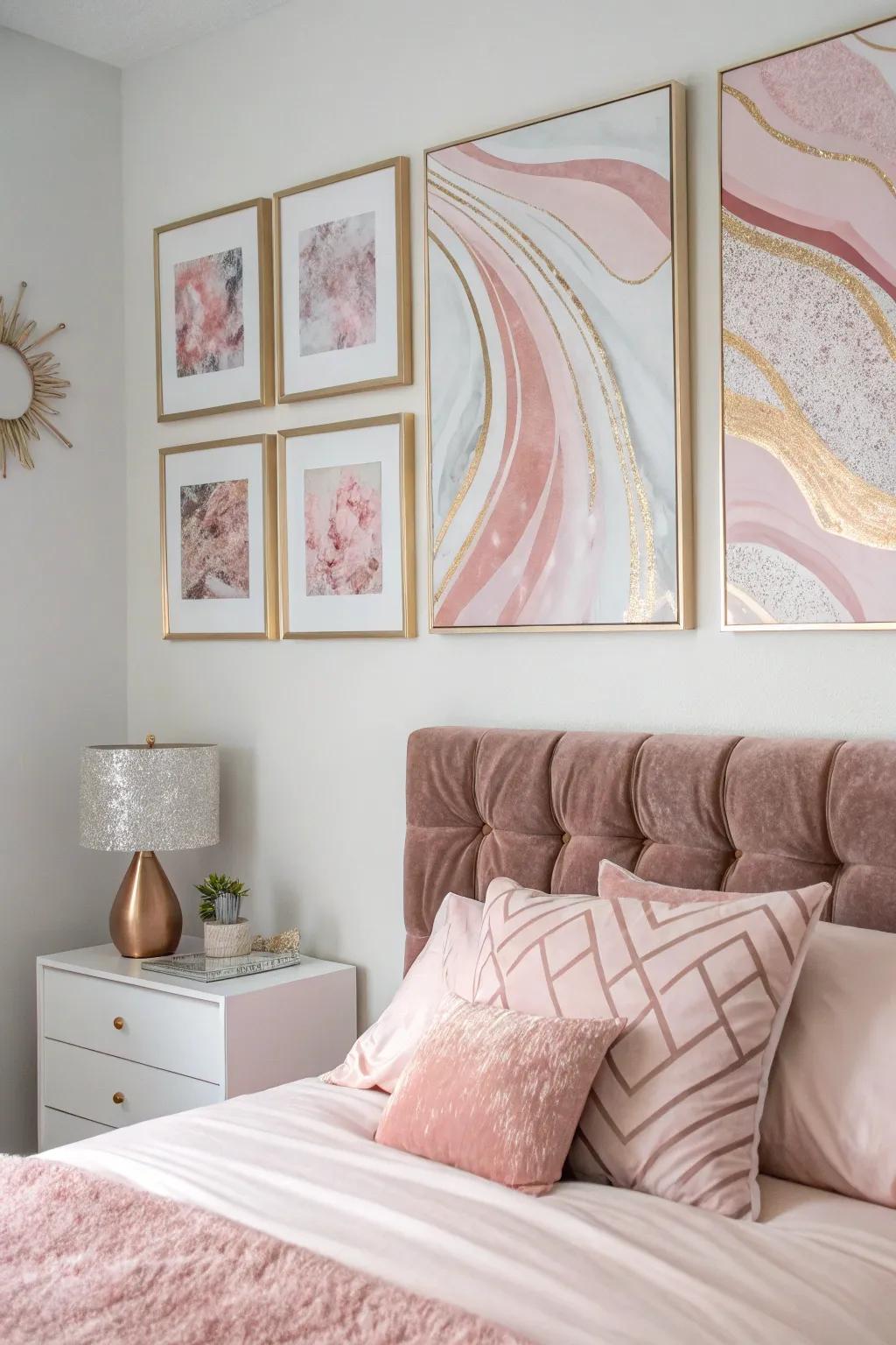 Rose gold wall art adds a personal and elegant touch.