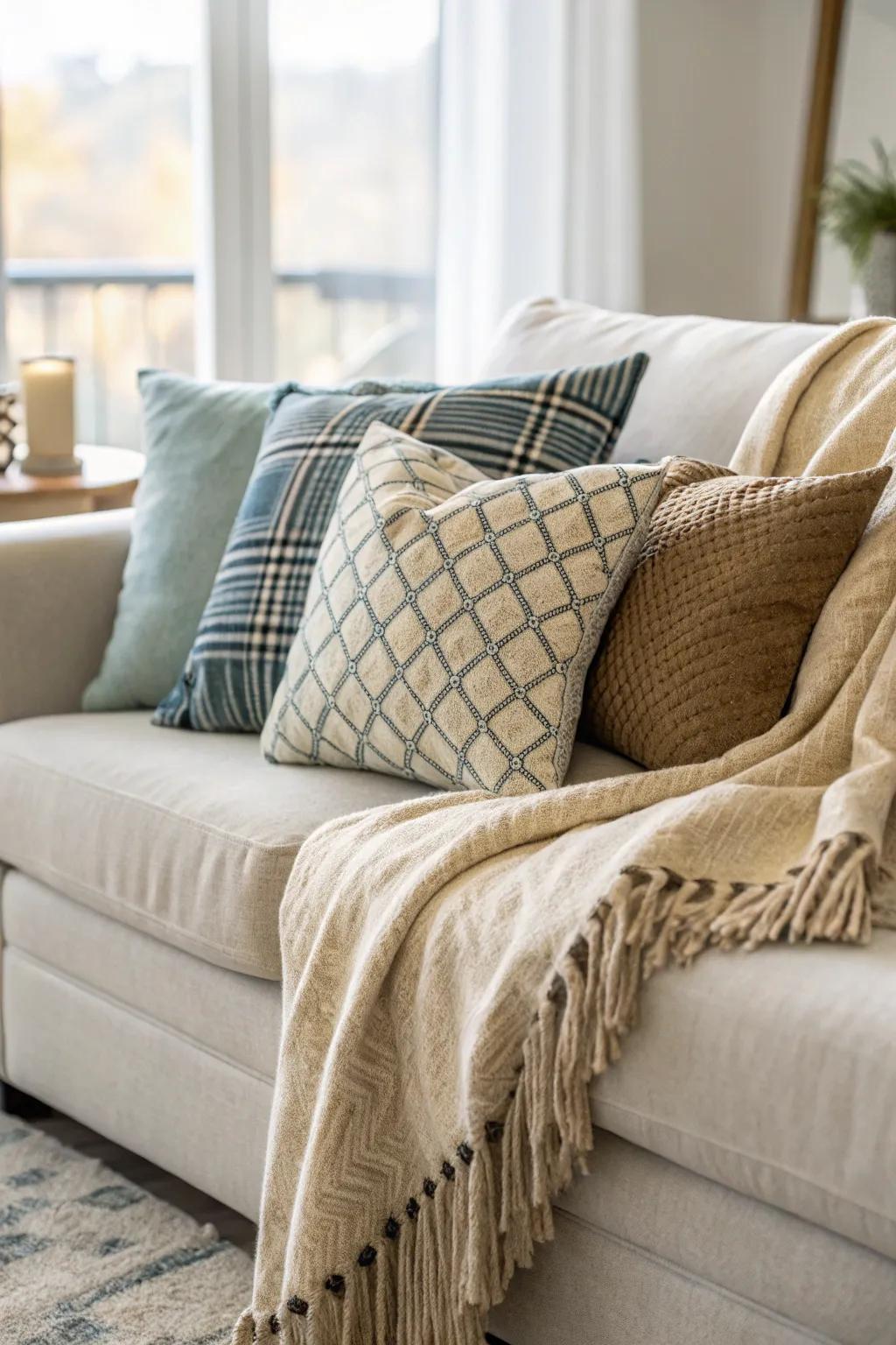 A welcoming setup with a cozy throw blanket layered with pillows.