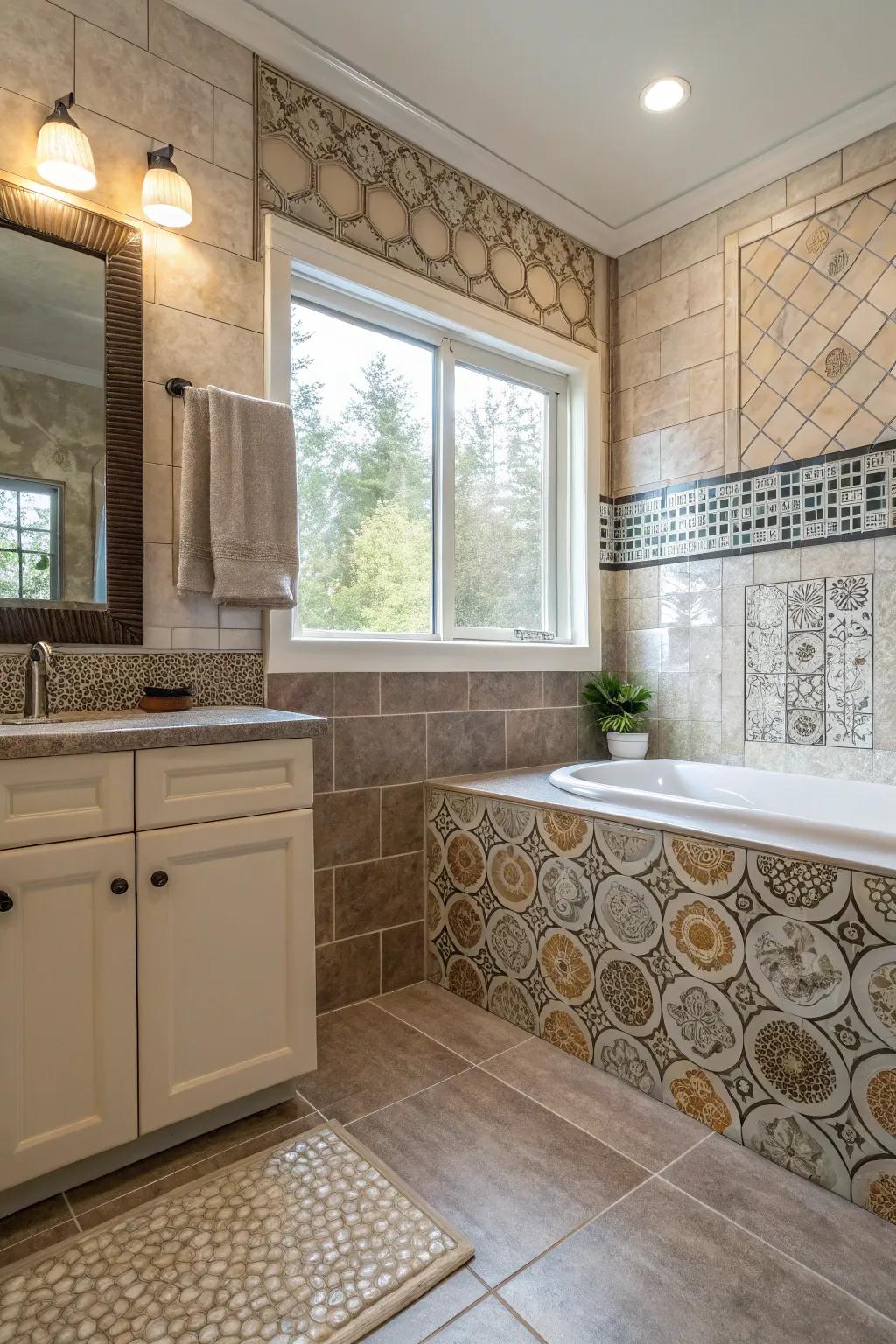 Craft a unique design by mixing various tile materials.