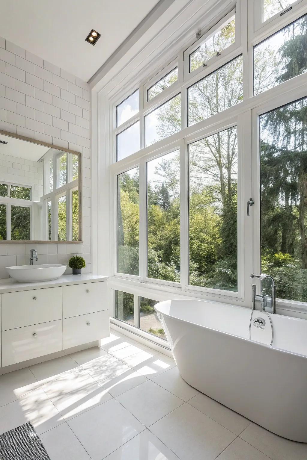 A white bathroom bathed in natural light from large windows, creating a bright and airy atmosphere.