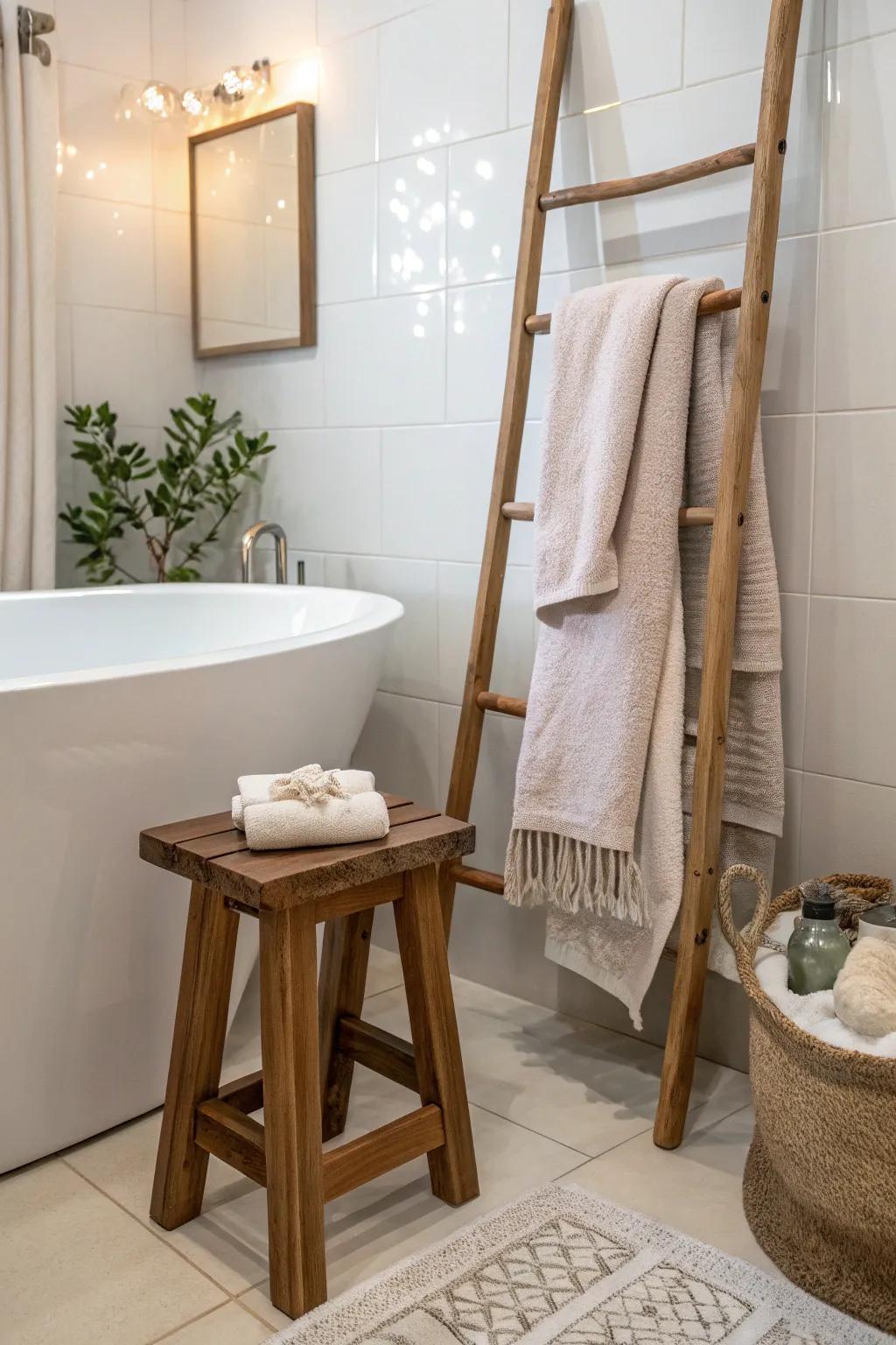 Functional additions like stools and towel racks enhance convenience around the tub.