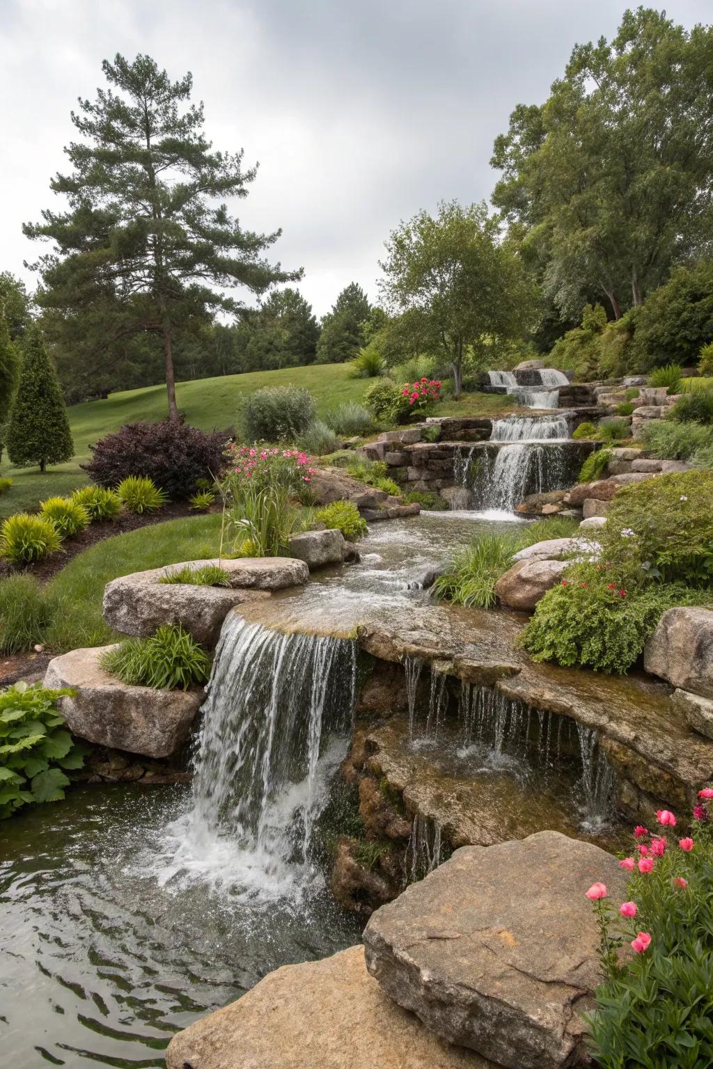 Tiered cascades add depth and drama to outdoor spaces.
