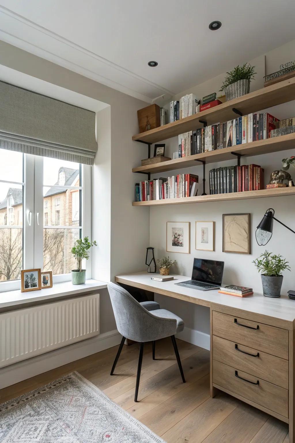 Floating shelves offer style and functionality.