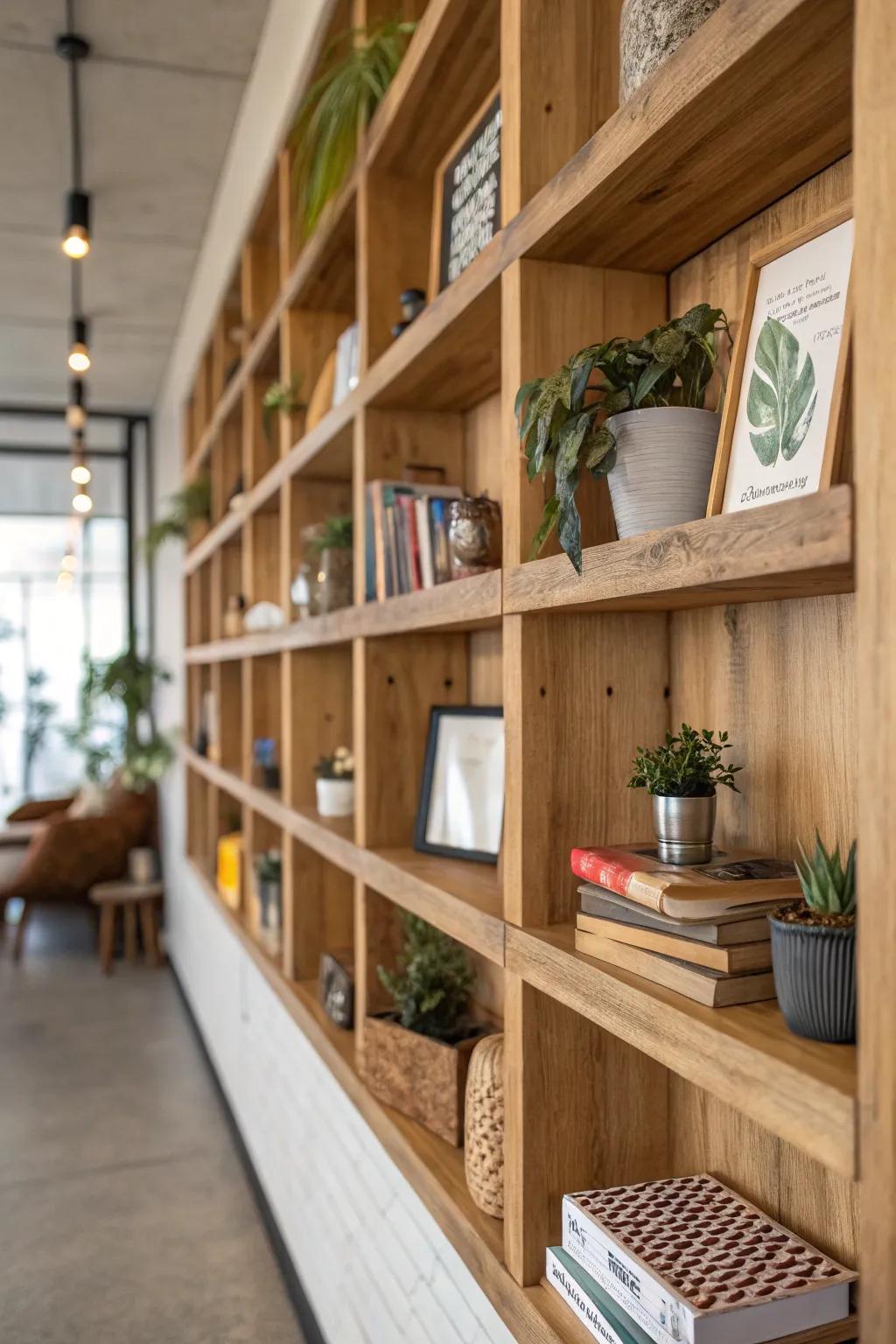 Combine style and function with wooden shelves.