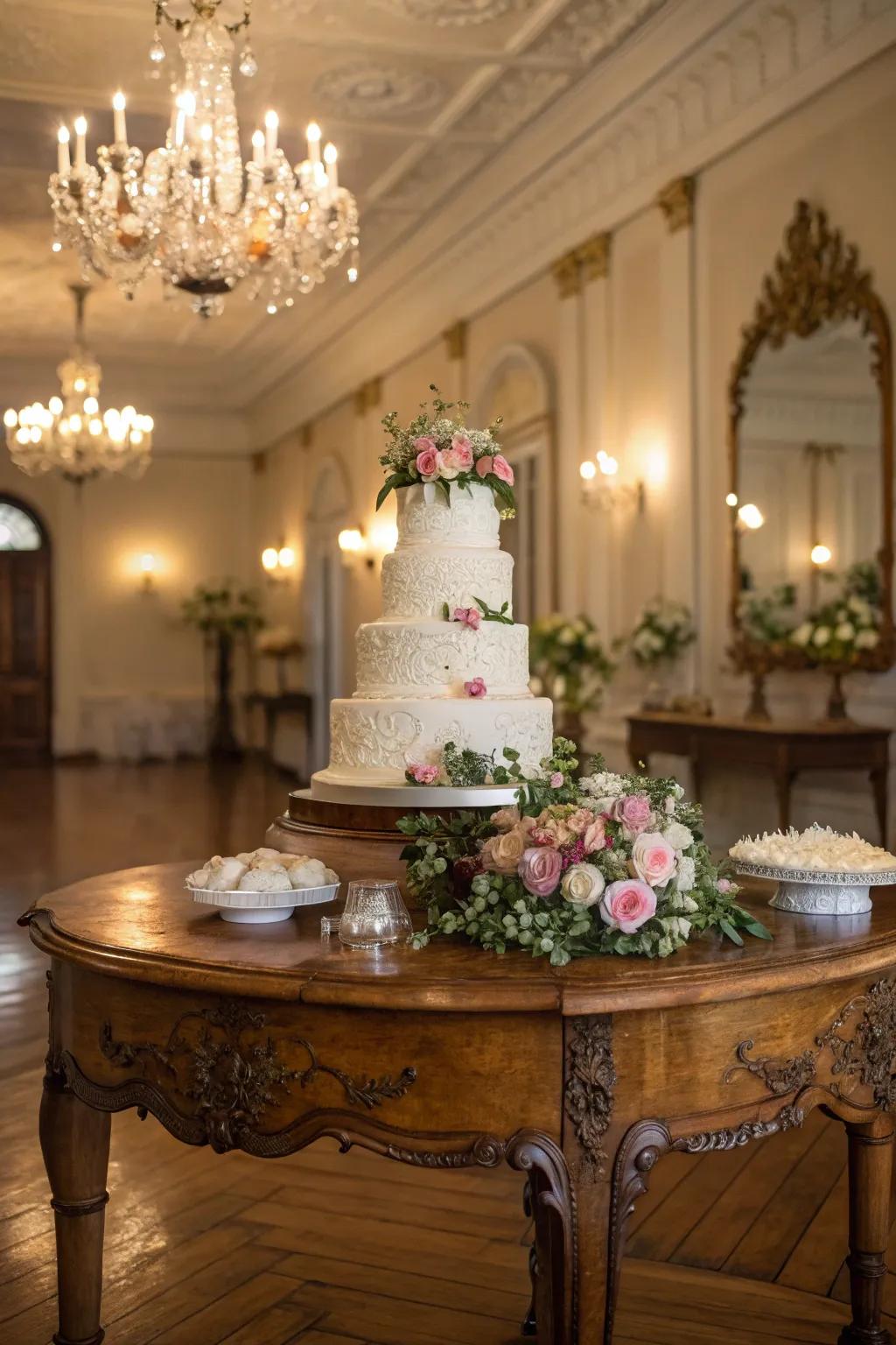 A vintage table providing a nostalgic touch to the wedding cake display.