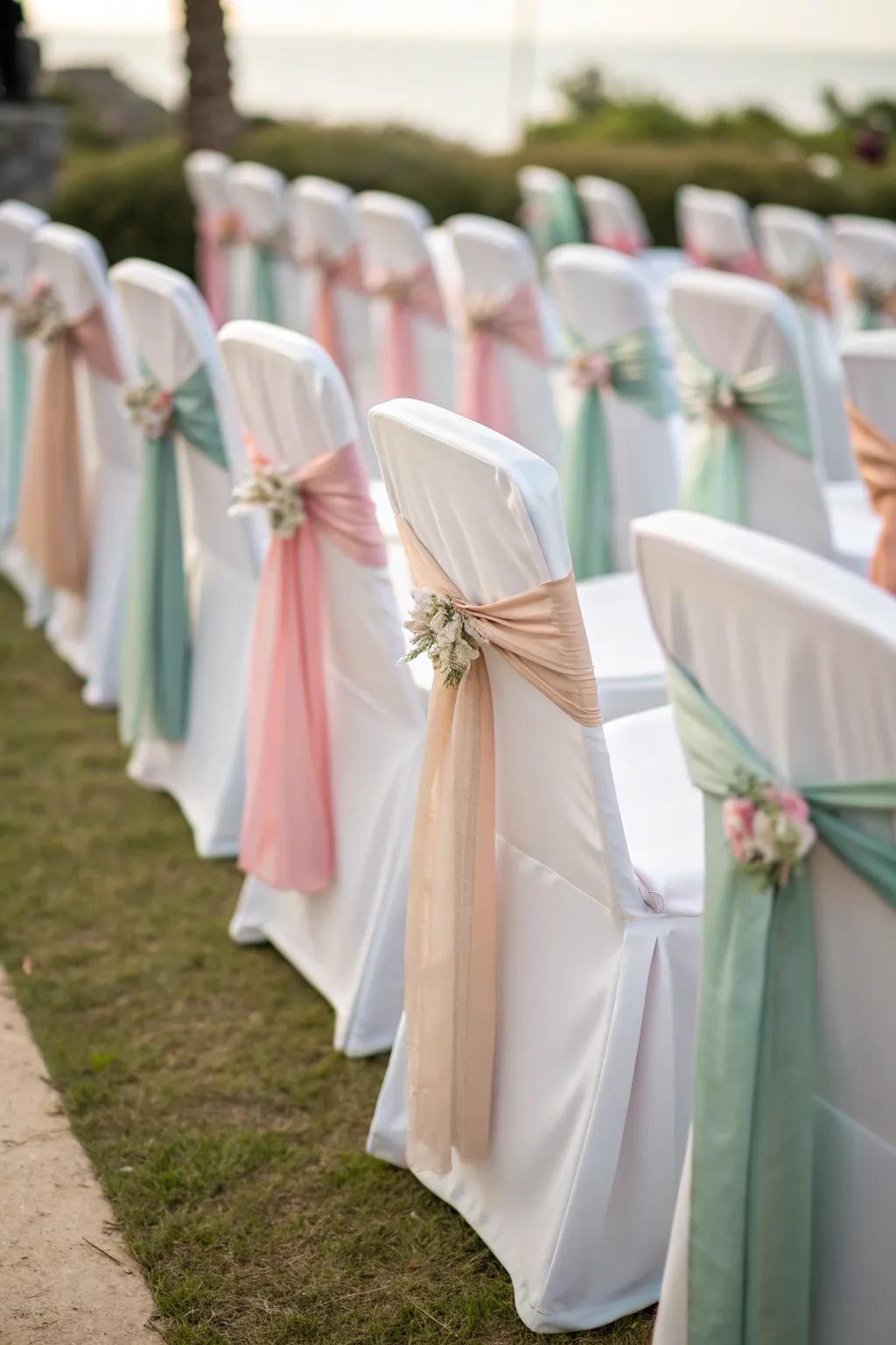 Wedding chairs adorned with decorative sashes, adding elegance to the seating.