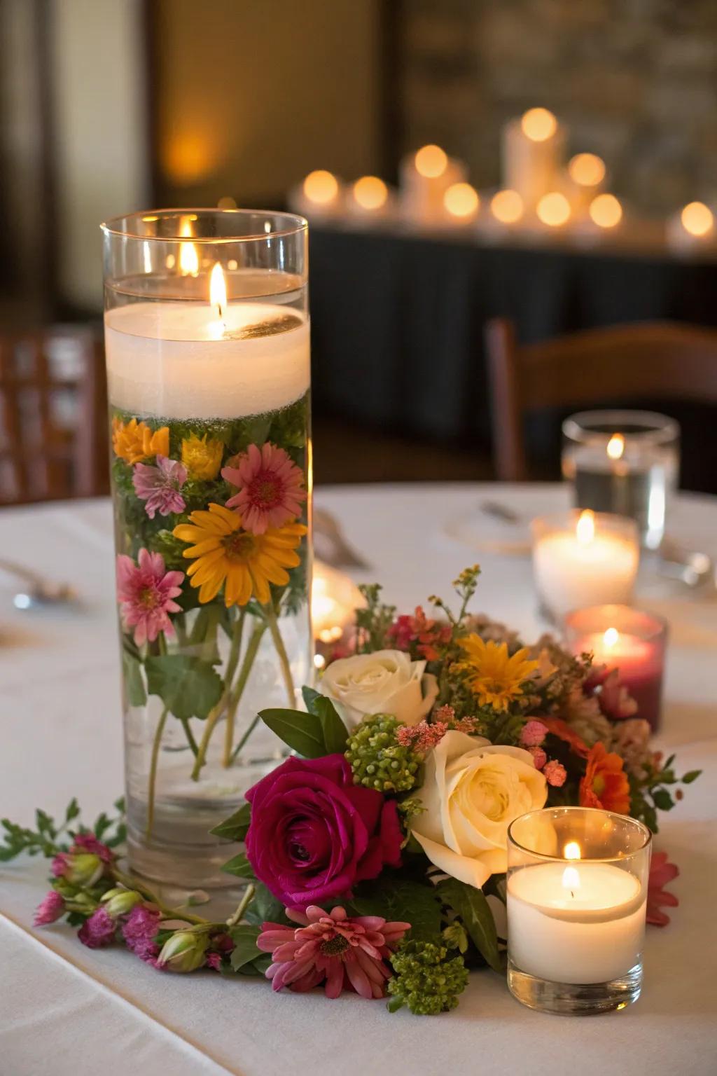 Floating flowers with candles create a colorful and fragrant display.