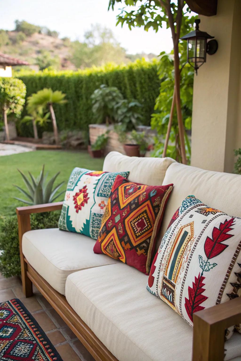 Toss cushions inject vibrancy and coziness to patio seating.
