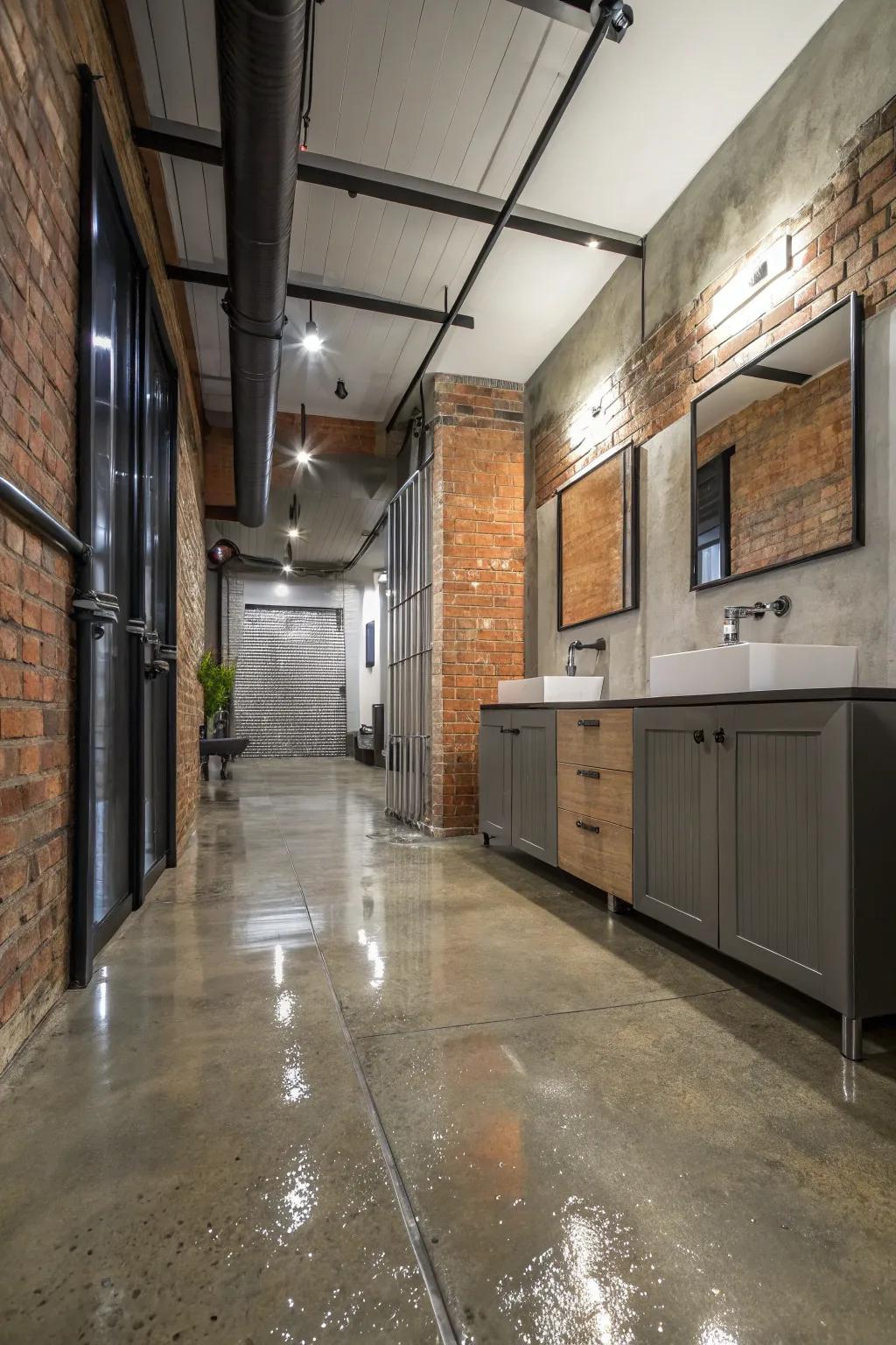 Hardened material ground cover introduces an industrial chic vibe to wet rooms.