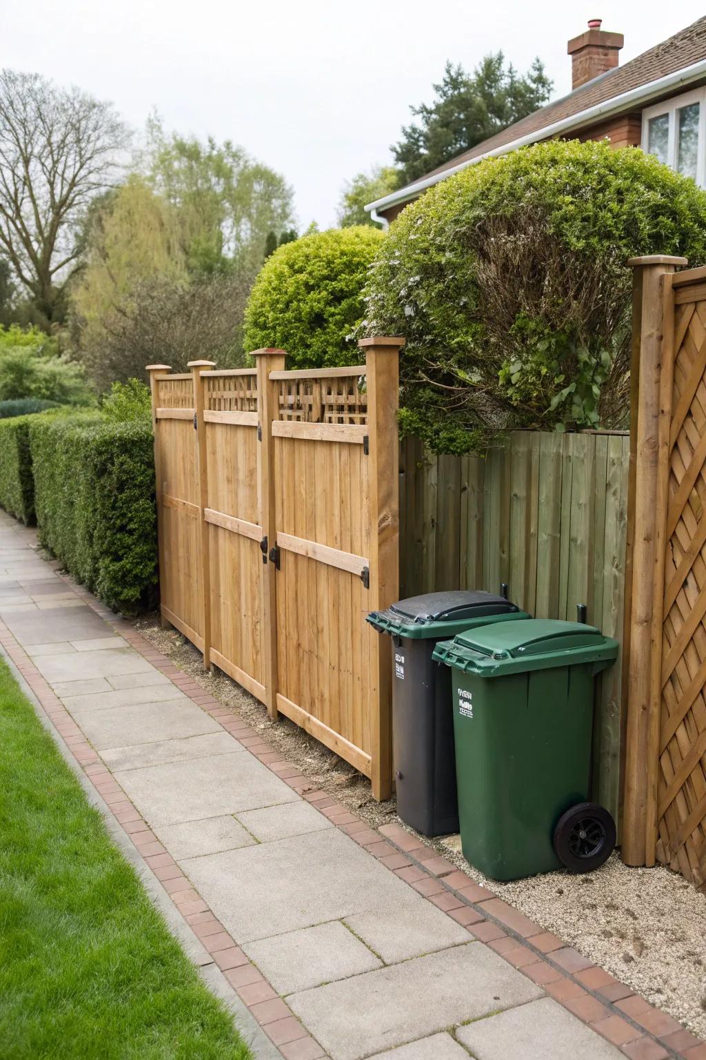 Disguise your bins with hinged fence panels.