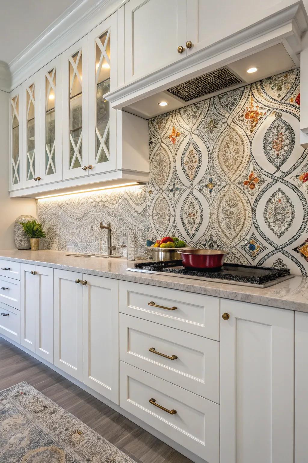 Mosaic tiles providing an artistic touch to white cabinets.