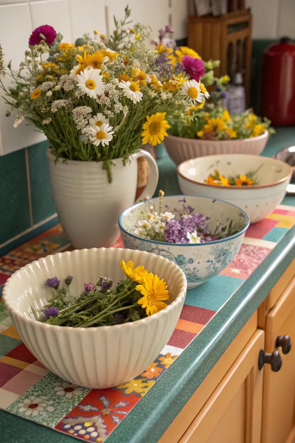 Eclectic ceramic bowls brimming with wildflowers fashion a playful presentation.