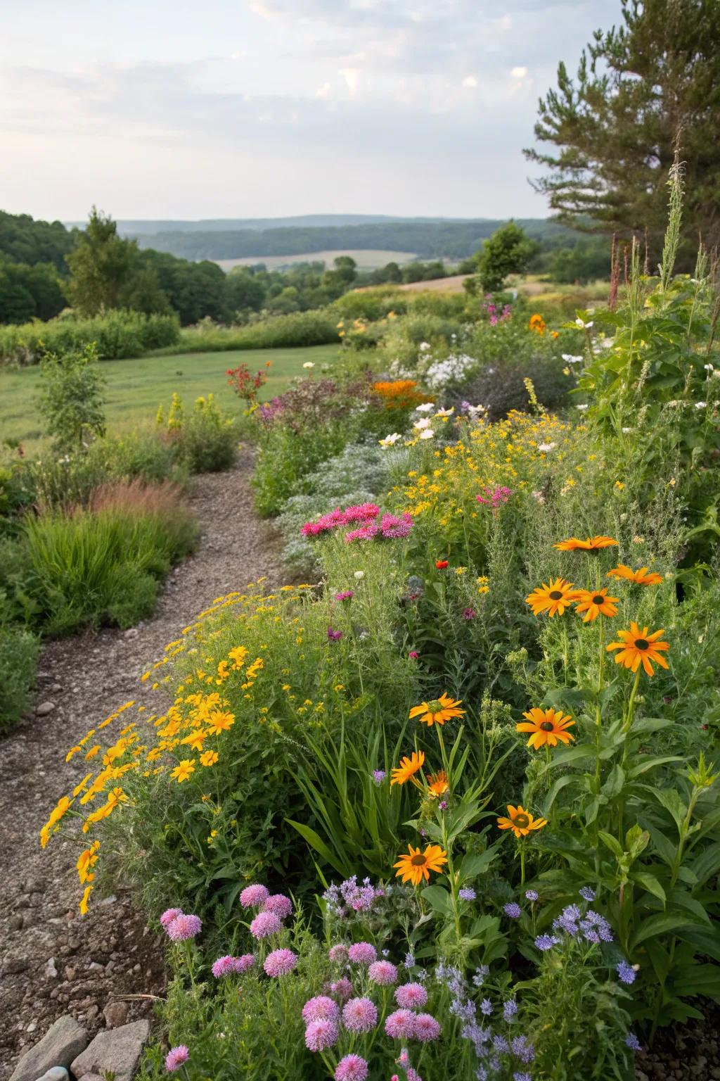 Wildflowers serving as vibrant living mulch in a garden.