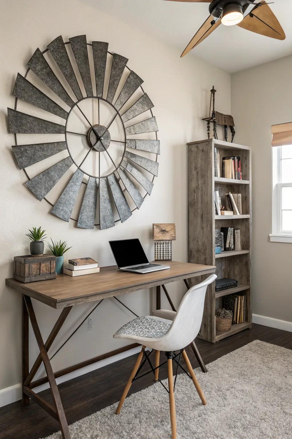 Muted metal windmill decor gives an industrial edge to the office.