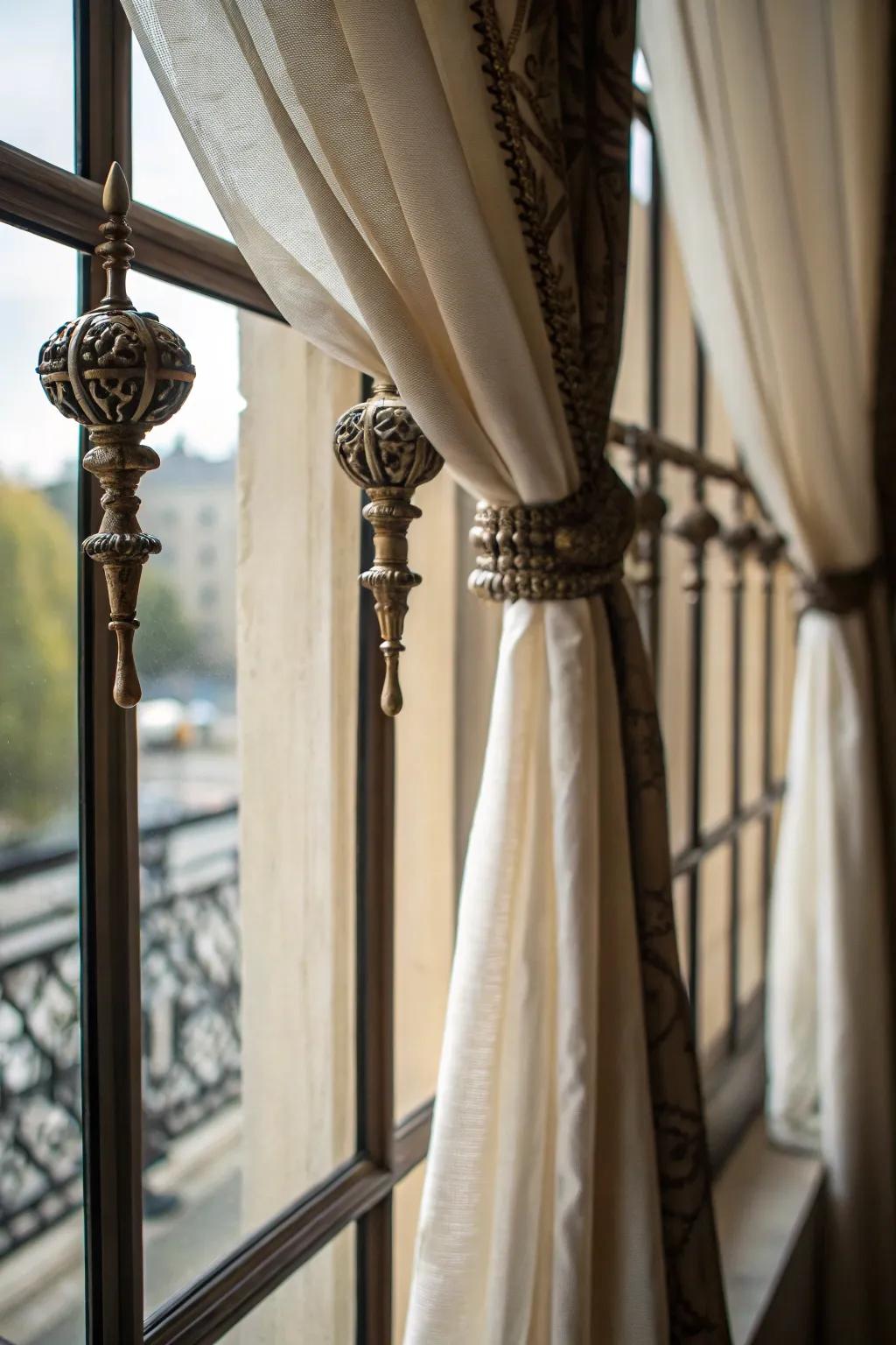 Fancy hardware introduces a decorative touch to these window treatments.