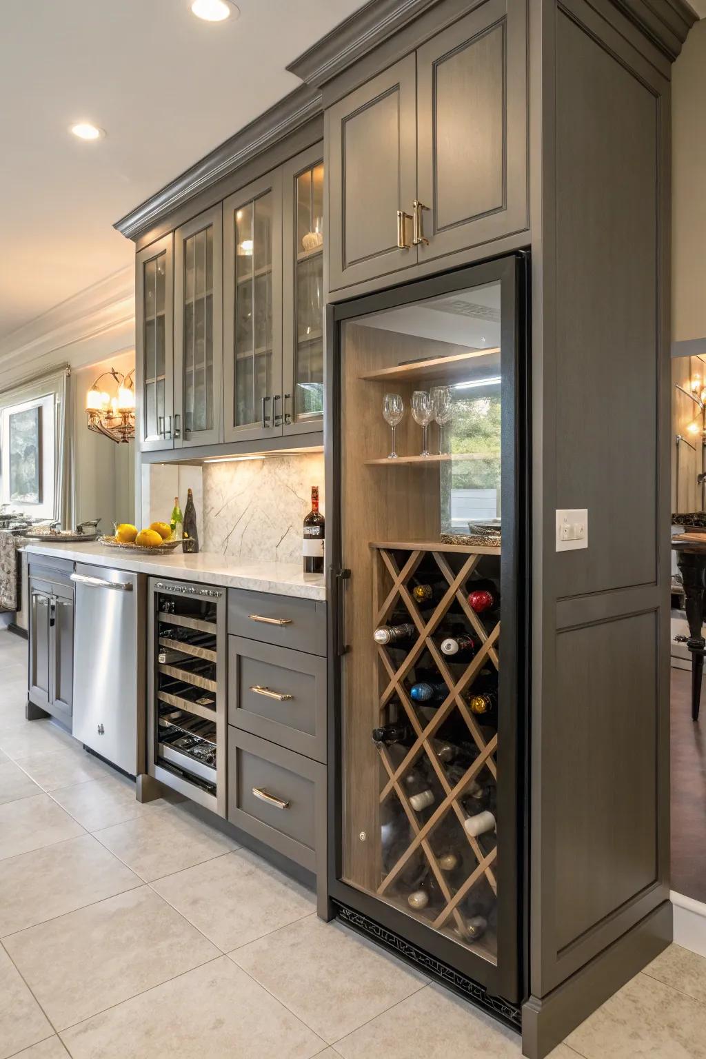 Bespoke cabinetry balances wine storage with kitchen aesthetics.