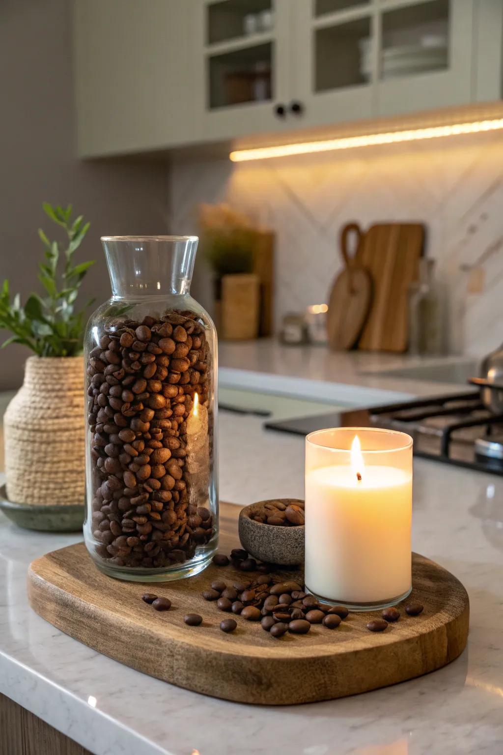 Coffee beans and candlelight create a cozy and inviting atmosphere.