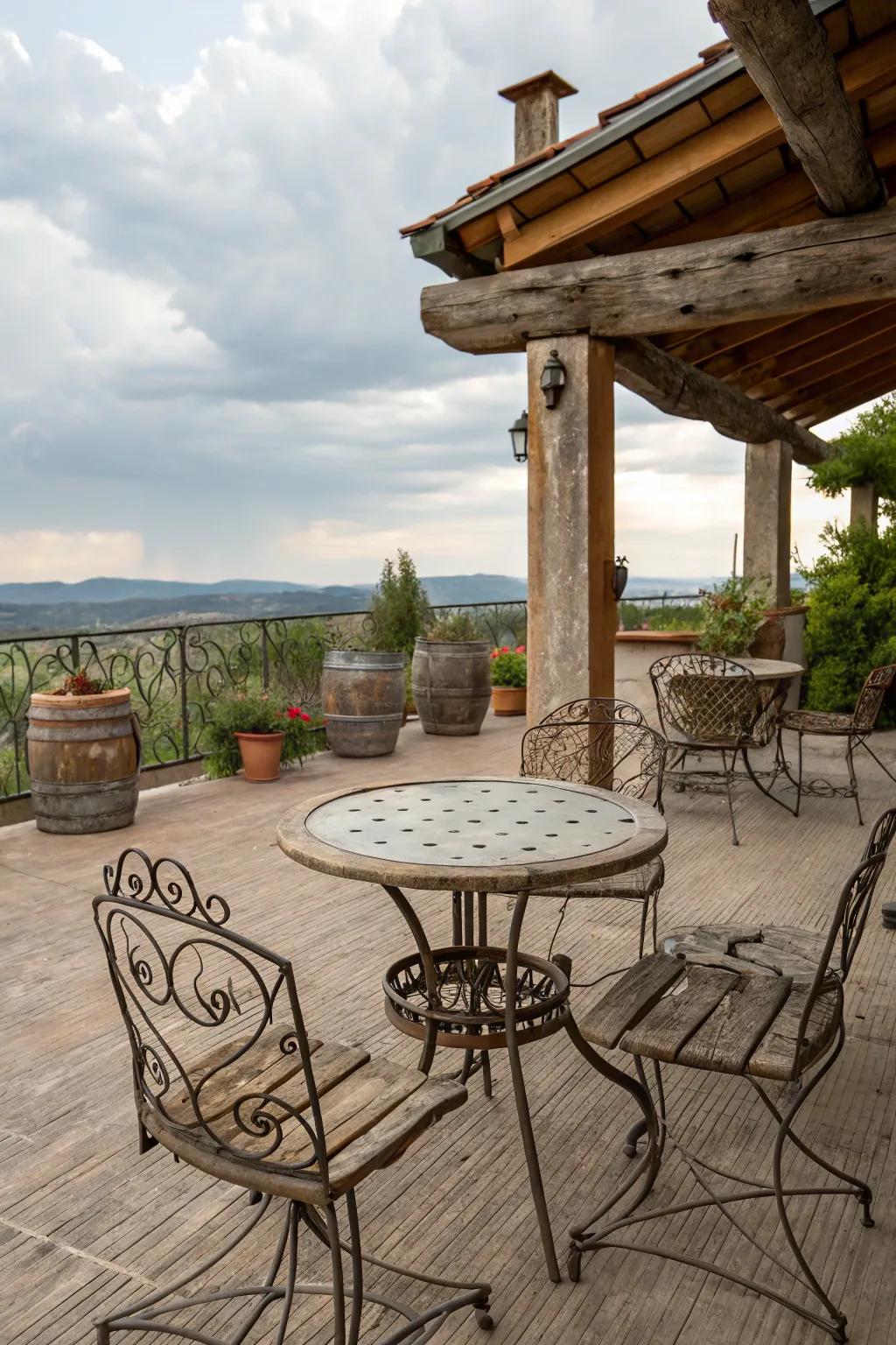 Create a serene escape with rustic cast metal and wood components.