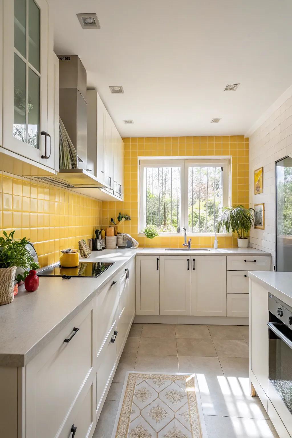 Natural light enhances the brightness of the yellow backsplash.