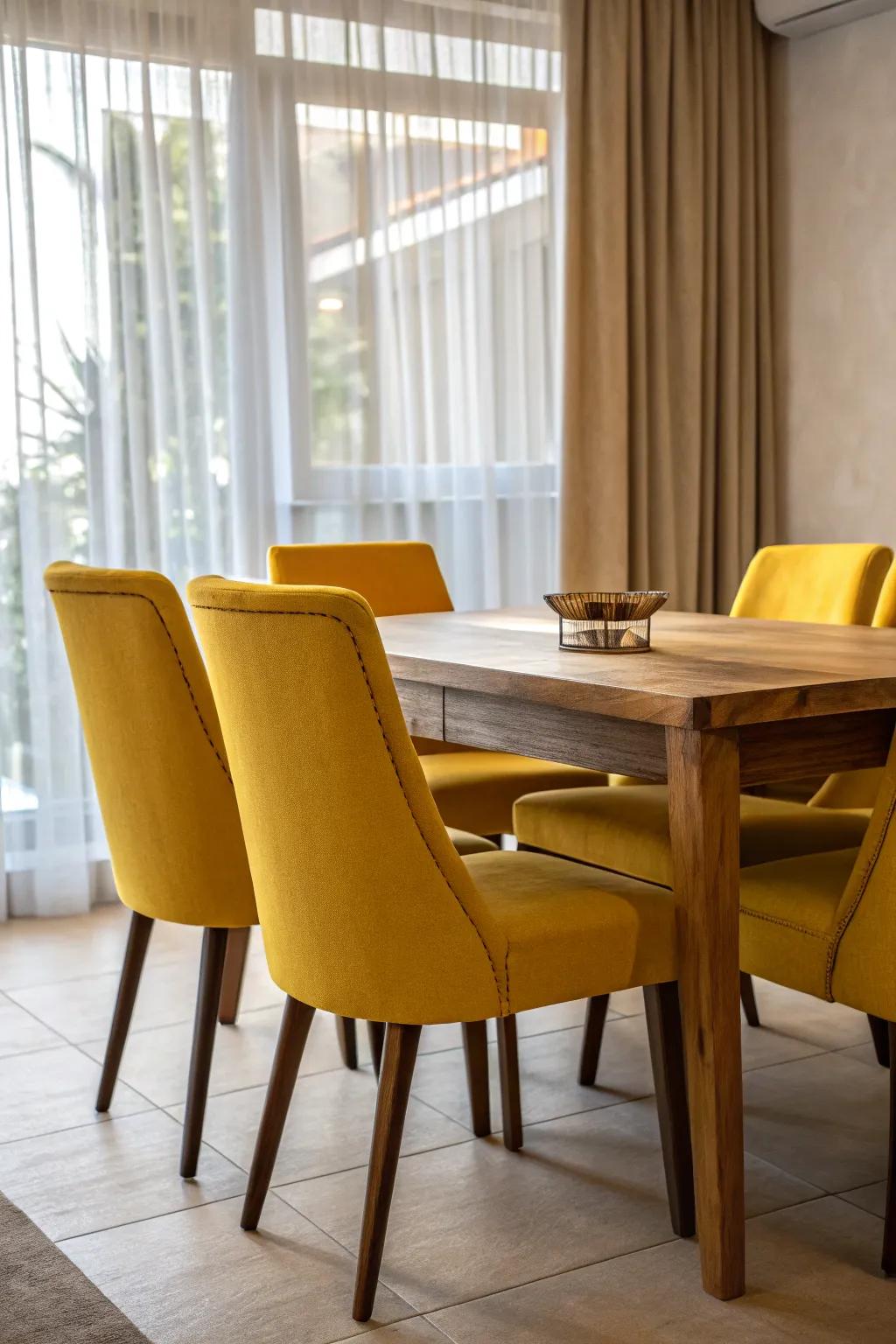 A bold dining room with yellow seating.